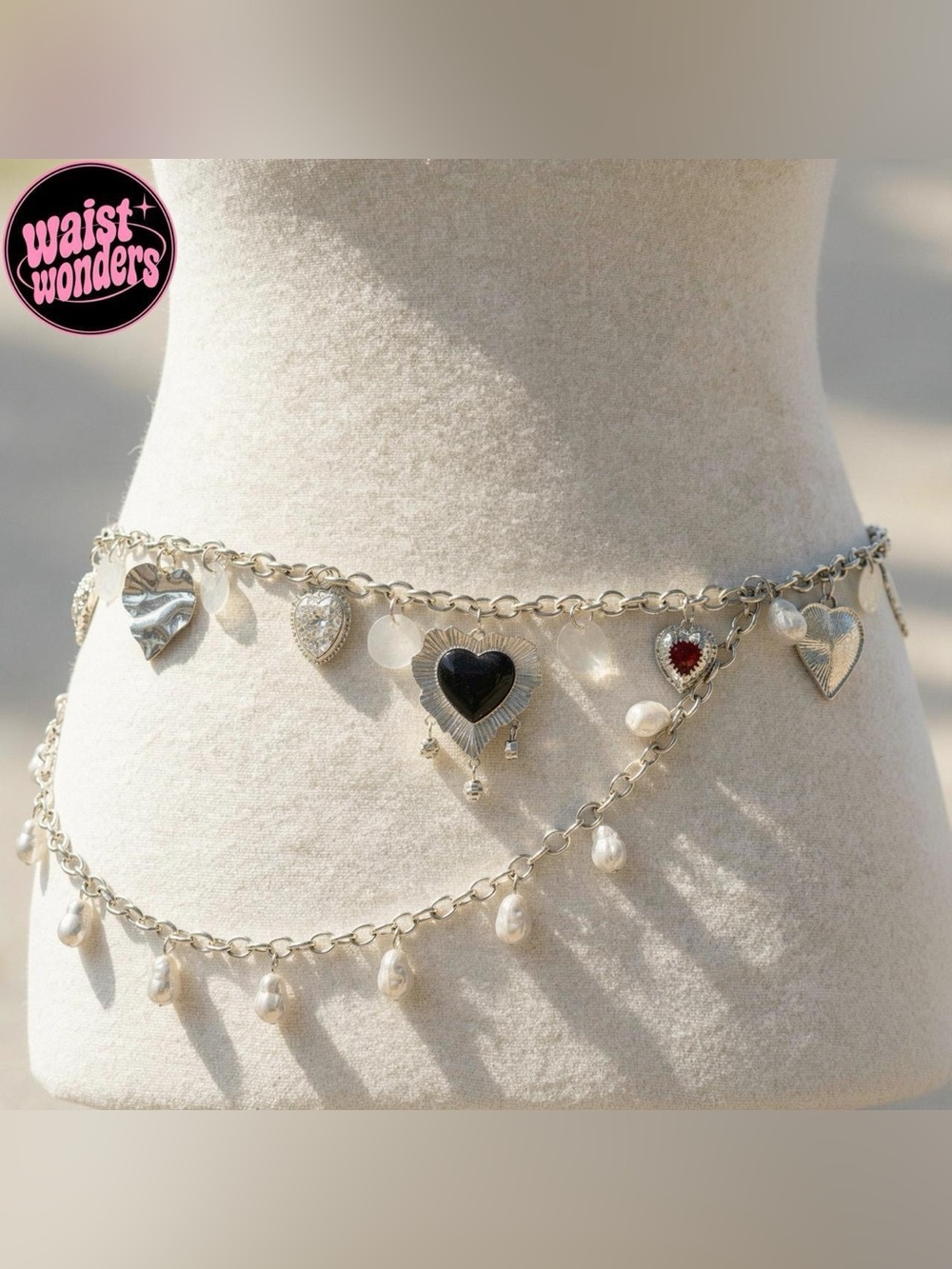 Y2K 2000s style Silver heart charm waist chain with pearls